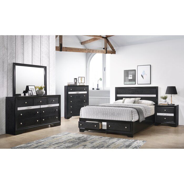 Traditional Matrix Queen 5 Pieces Storage Bedroom Set In Black Made With Wood