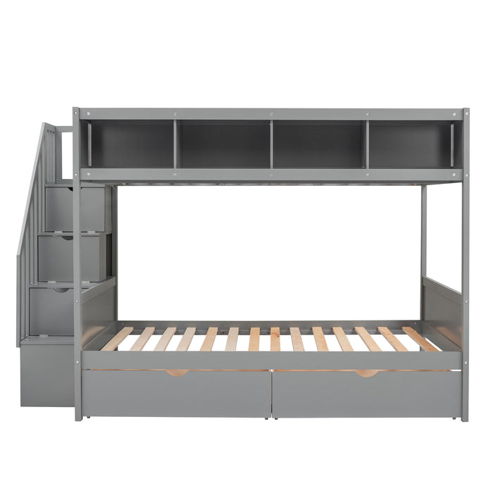 Twin Over Full Bunk Bed With Shelfs, Storage Staircase And 2 Drawers - Gray