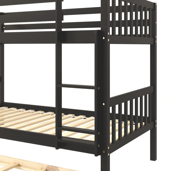 Twin Over Twin Bunk Beds With Trundle, Safety Rail And Ladder - Espresso