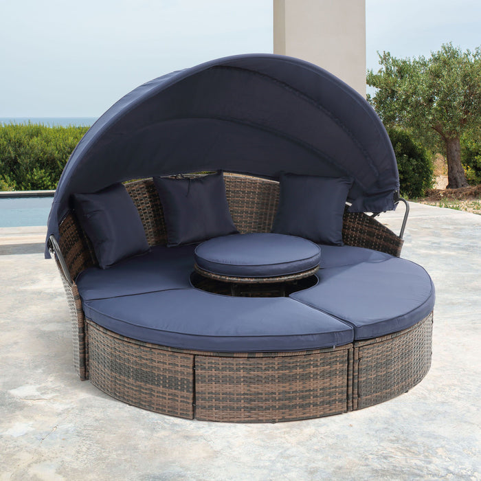 Hot Sale Kd Rattan Round Lounge With Canopy Bali Canopy Bed Outdoor, Wicker Sofa Bed With Lift Coffee Table - Navy Blue