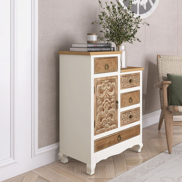 Wooden Cabinet With 5 Drawers And 1 Door, Retro Accent Storage Cabinet For Entryway, Living Room - Natural