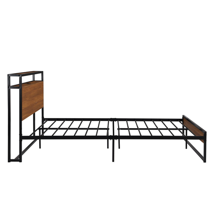 Queen Size Metal Platform Bed Frame With Sockets, Usb Ports And Slat Support, No Box Spring Needed Black