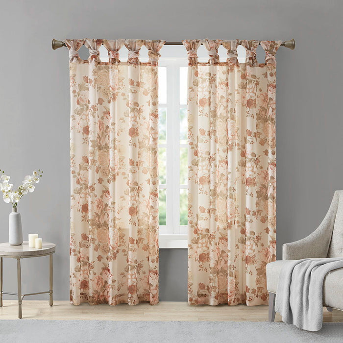 Printed Floral Twist Tab Top Voile Sheer Curtain In Blush
