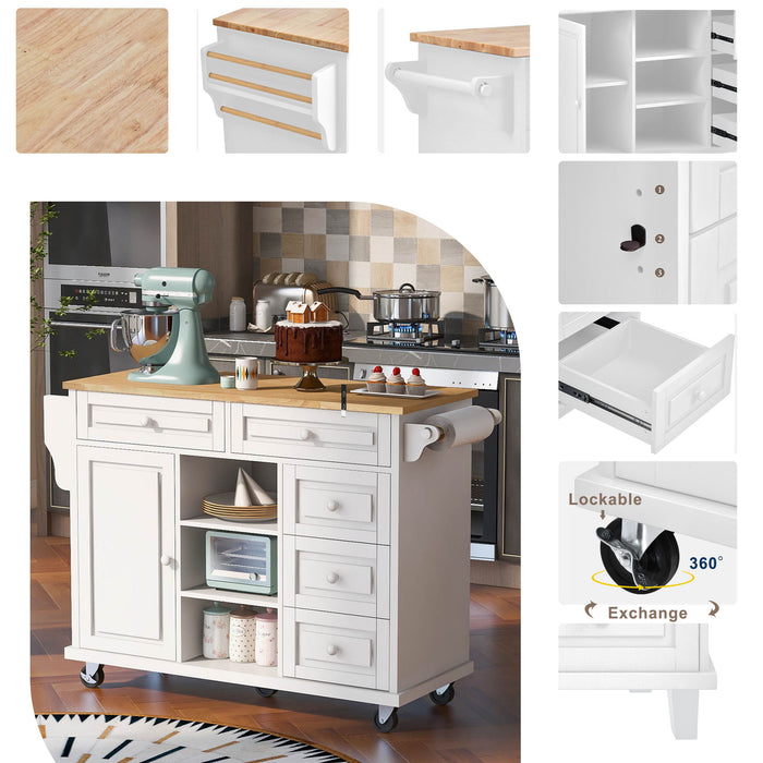 Kitchen Cart With Rubber Wood Desktop Rolling Mobile Kitchen Island With Storage And 5 Draws 53" Length (White)