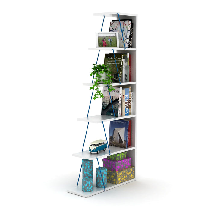 Furnish Home Store Modern 5 Tier Ladder Bookshelf Organizers, Narrow Bookshelf For Small Spaces Office Furniture Bookcase, White/Blue
