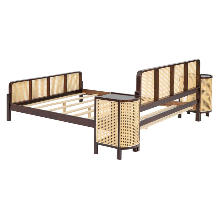 3 Pieces Rattan Platform Full Size Bed With 2 Nightstands, Walnut