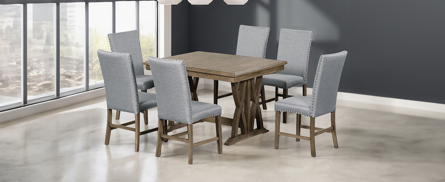 Top max Mid-Century Solid Wood 7 Piece Dining Table Set Extendable Kitchen Table Set With Upholstered Chairs And 12" Leaf For 6, Golden Brown / Gray Cushion