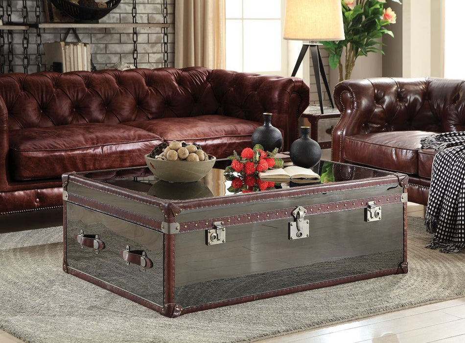 Aberdeen - Coffee Table - Vintage Dark Brown Top Grain Leather & Stainless Steel The Unique Piece Furniture Furniture Store in Dallas, Ga serving Hiram, Acworth, Powder Creek Crossing, and Powder Springs Area