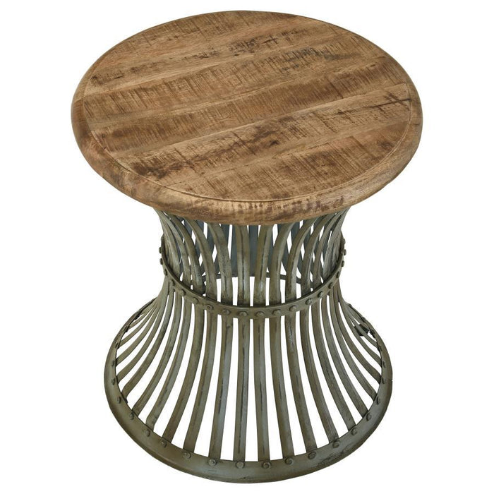 Matyas - Round Accent Table With Natural Top And Blue Distressed Base Unique Piece Furniture