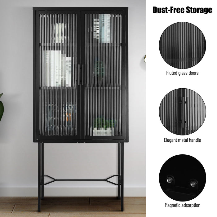 Elegant Floor Cabinet With 2 Tampered Glass Doors Living Room Display Cabinet With Adjustable Shelves Anti - Tip Dust - Free Easy Assembly Black Color