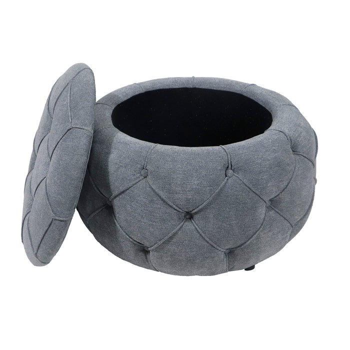 Large Button Tufted Woven Round Storage Ottoman For Living Room & Bedroom - Grey