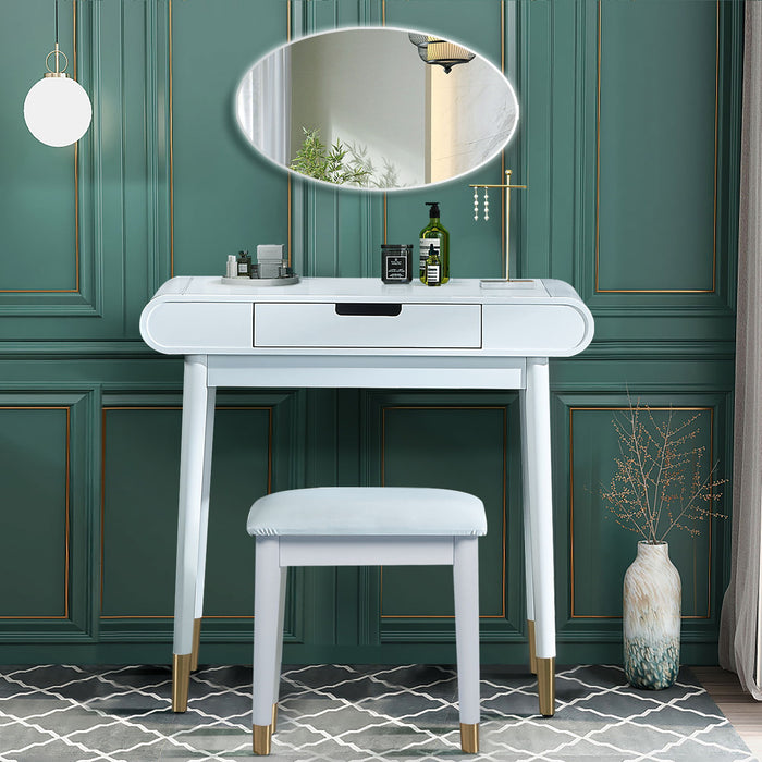 White Oval Makeup Table Set With Mirror For Bedroom, High Gloss Finish Dressing Table With Solid Stool