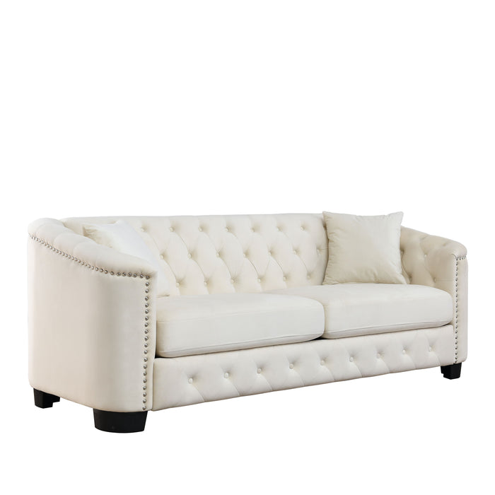 77 Inch Modern Chesterfield Velvet Sofa, 3-Seater Sofa, Upholstered Tufted Backrests With Nailhead Arms And 2 Cushions For Living Room, Bedroom, Apartment, Office - Beige
