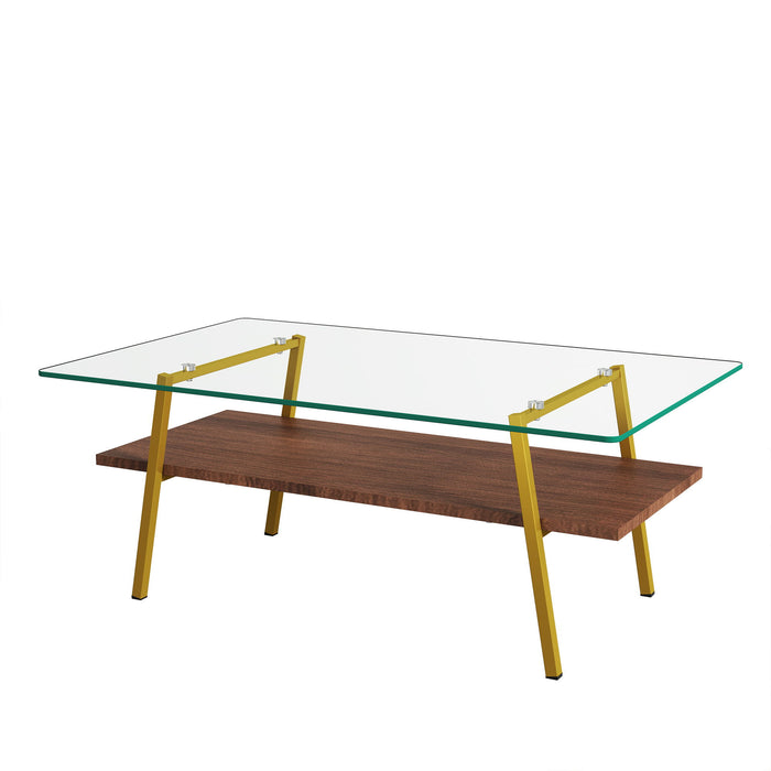Rectangle Coffee Table, Tempered Glass Tabletop With Gold Metal Legs, Modern Table For Living Room, Transparent Glass
