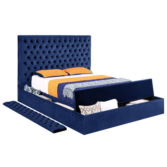 Contemporary Velvet Upholstered Bed With Storage Locker, Deep Button Tufting, Solid Wood Frame, High - Density Foam, King Size - Blue