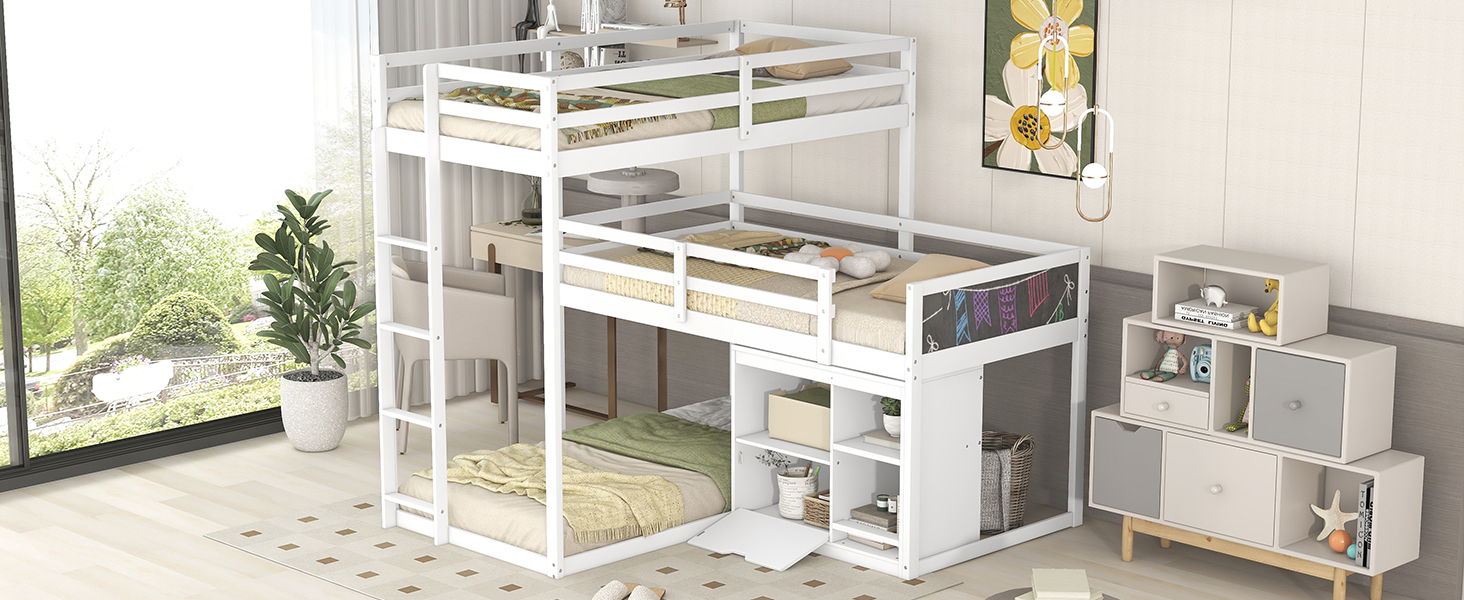 L-Shaped Wood Triple Twin Size Bunk Bed With Storage Cabinet And Blackboard, Ladder, White