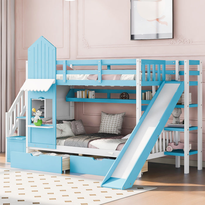 Twin Over Twin Castle Style Bunk Bed With 2 Drawers 3 Shelves And Slide - Blue
