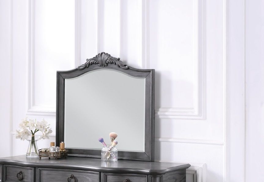 Contemporary Gray Finish Vanity Set Stool Retro Style Drawers Cabriole-Tapered Legs Mirror Floral Crown Molding Bedroom Furniture