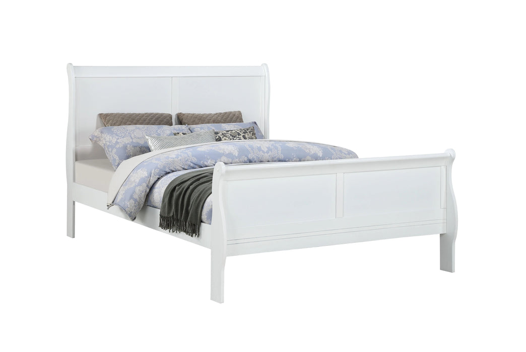 Louis Phillipe White Finish Queen Size Panel Sleigh Bed Solid Wood Wooden Bedroom Furniture