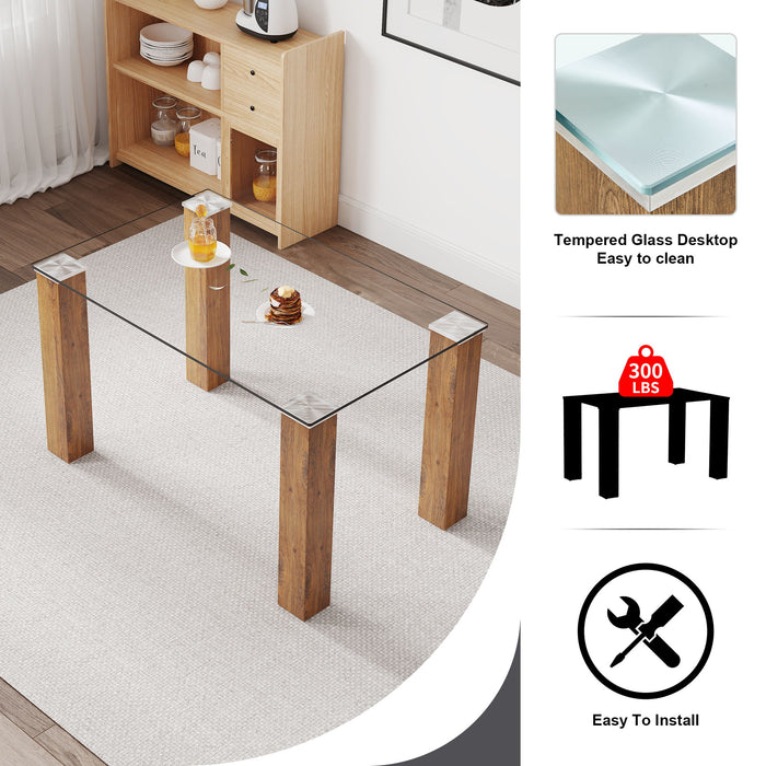Table And Chair Set, 1 Table And 4 Chairs A Modern And Minimalist Rectangular Dining Table Glass Desktop And Wood Colar MDF Table Legs Paired With Brown Chairs