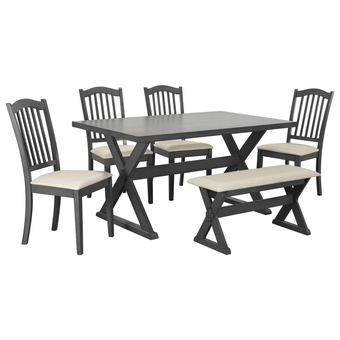 Trexm 6 Piece Rustic Dining Set, Rectangular Trestle Table And 4 Upholstered Chairs & Bench For Dining Room (Gray)