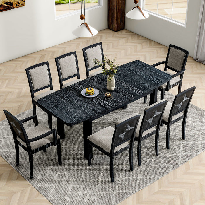 Topmax Rustic Extendable 84Inch Dining Table Set With Removable Leaf, 6 Upholstered Armless Dining Chairs And 2 Padded Arm Chairs, 9 Pieces, Black