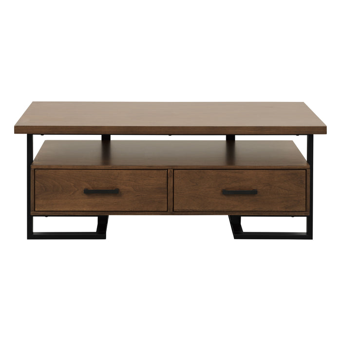 Contemporary Design Unique Frame 1 Piece Coffee Table With Drawers Walnut Finish Wood And Rustic Black Metal Finish Living Room Furniture