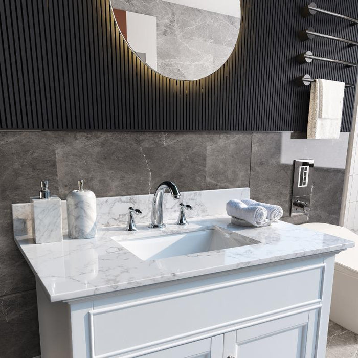 Montary 37" Bathroom Vanity Top Stone Carrara White New Style Tops With Rectangle Undermount Ceramic Sink And Back Splash With 3 Faucet Hole For Bathrom Cabinet