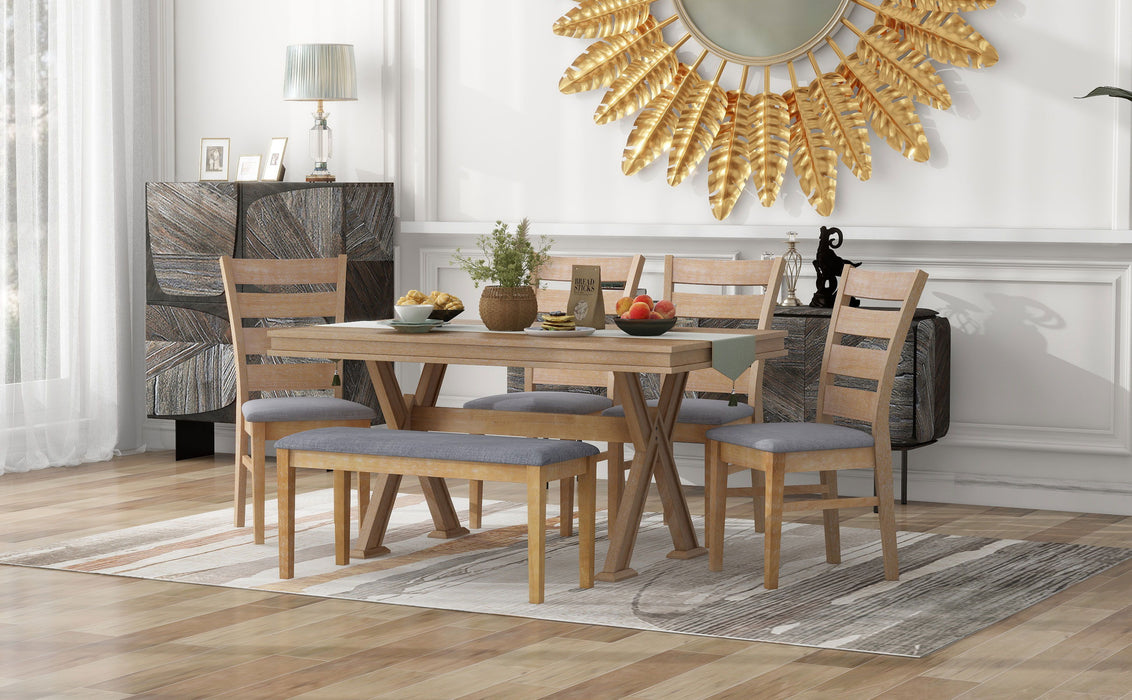 Trexm 6 Piece Retro 59"L Rectangular Dining Table Set, Table With Unique Legs And 4 Upholstered Chairs & 1 Bench For Dining Room And Kitchen (Natural Wood Wash)