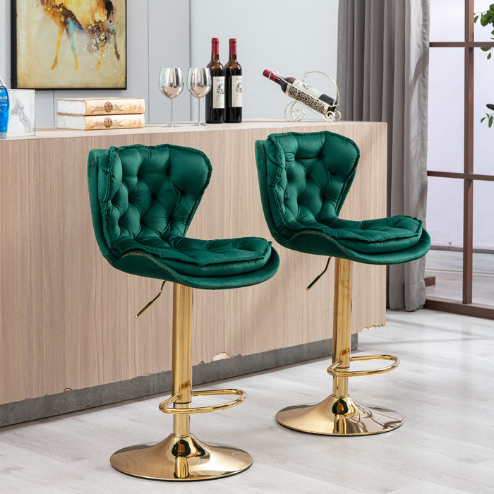 (Set of 2) Bar Stools, With Chrome Footrest And Base Swivel Height Adjustable Mechanical Lifting Velvet And Golden Leg Simple Bar Stool - Dark Green