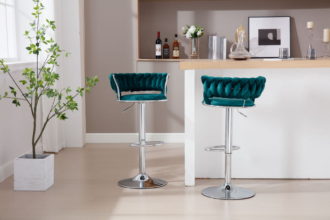 (Set of 2) Bar Stools, With Chrome Footrest And Base Swivel Height Adjustable Mechanical Lifting Velvet + Bar Stool - Green