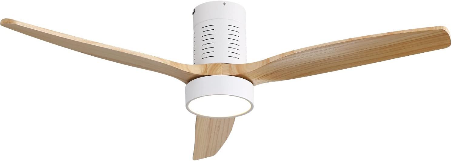 Indoor Flush Mount Ceiling Fan With 110V 3 Solid Wood Blades Remote Control Reversible Dc Motor With LED Light - Matte White