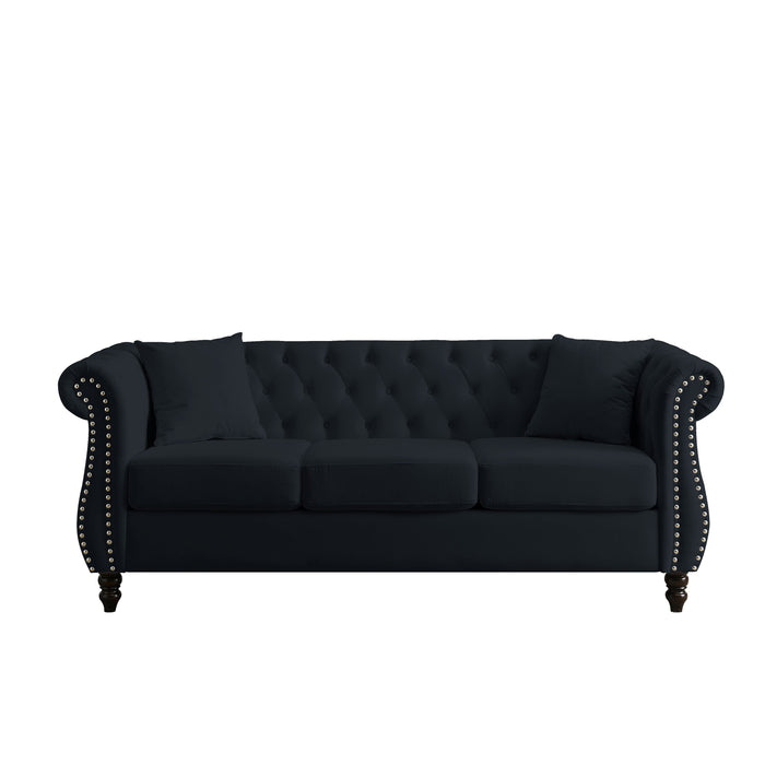 Chesterfield Sofa Black Velvet For Living Room, 3 Seater Sofa Tufted Couch With Rolled Arms And Nailhead For Living Room, Bedroom, Office, Apartment, Two Pillows Black