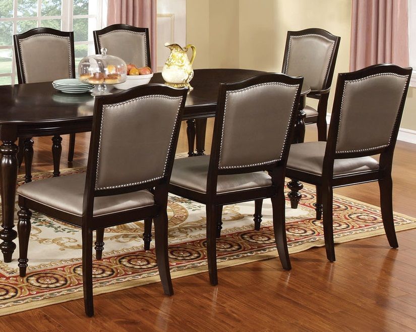 Transitional (Set of 2) Side Chairs Dark Walnut Pewter Solid Wood Chair Padded Leatherette Upholstered Seat Turned Legs Kitchen Dining Room Furniture