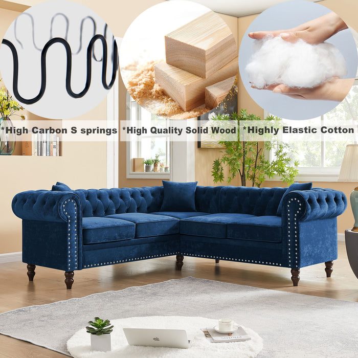 Mh 80" Deep Button Tufted Upholstered Roll Arm Luxury Classic Chesterfield L-Shaped Sofa 3 Pillows Included, Solid Wood Gourd Legs, Blue Velvet