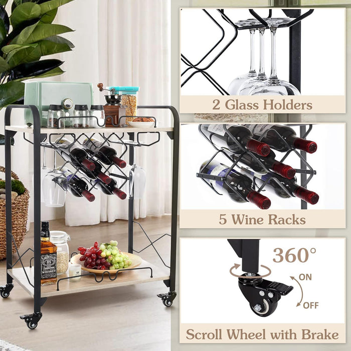 Bar Carts For The Home, 2-Tier Mobile Bar Serving Cart With Wine Racks And Glasses Holders, Wine Cart On Wheels, Beverage Small Bar Cart For Kitchen, Living Room, Wood Color