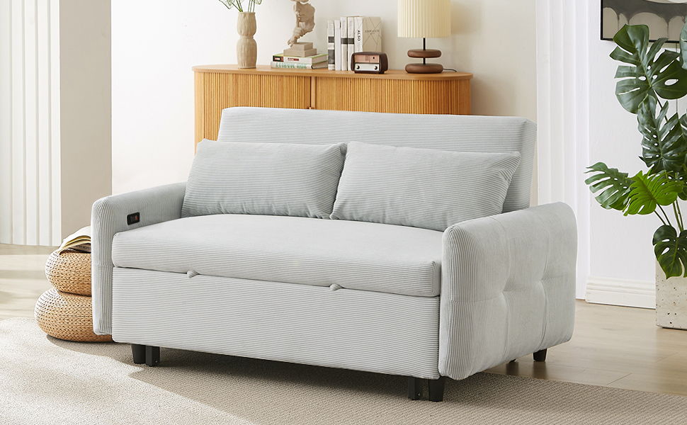 Pull - Out Sofa Bed Convertible Couch 2 Seat Loveseat Sofa Modern Sleeper Sofa With Two Throw Pillows And USB Ports For Living Room, Light Blue
