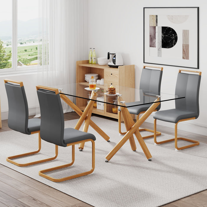 1 Table And 4 Chairs Glass Dining Table With Tempered Glass Tabletop And Wooden Metal Legs Grey PU Leather High Backrest Soft Padded Side Chair With Wooden Color C Shaped Tube Chrome Metal Leg