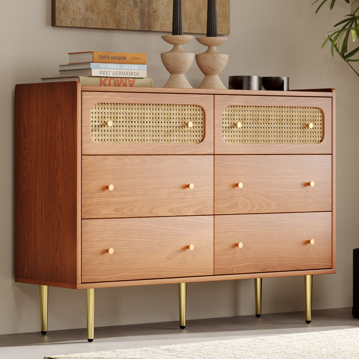 Dresser For Bedroom, Chest Of Drawers, 6 Drawer Dresser, Floor Storage Drawer Cabinet For Home Office - Walnut