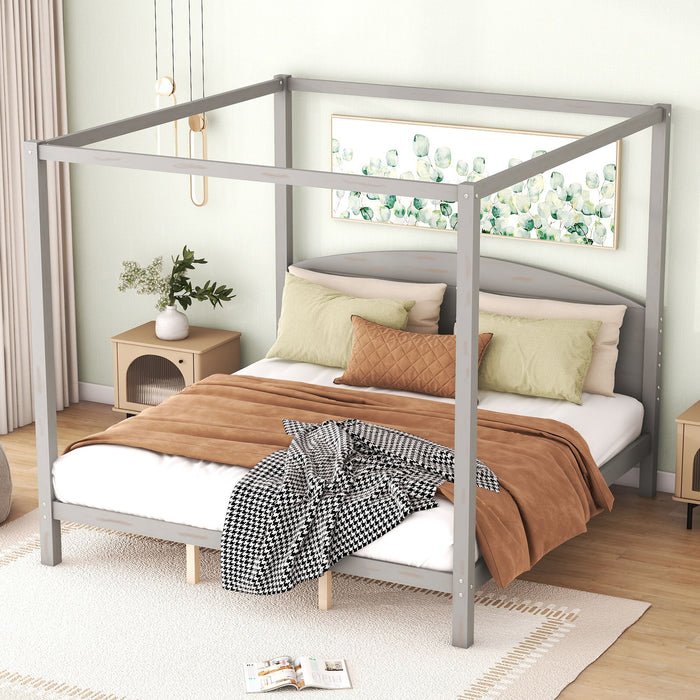 King Size Canopy Platform Bed With Headboard And Support Legs, Gray Wash