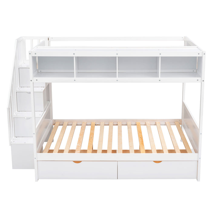 Twin Over Full Bunk Bed With Shelfs, Storage Staircase And 2 Drawers - White