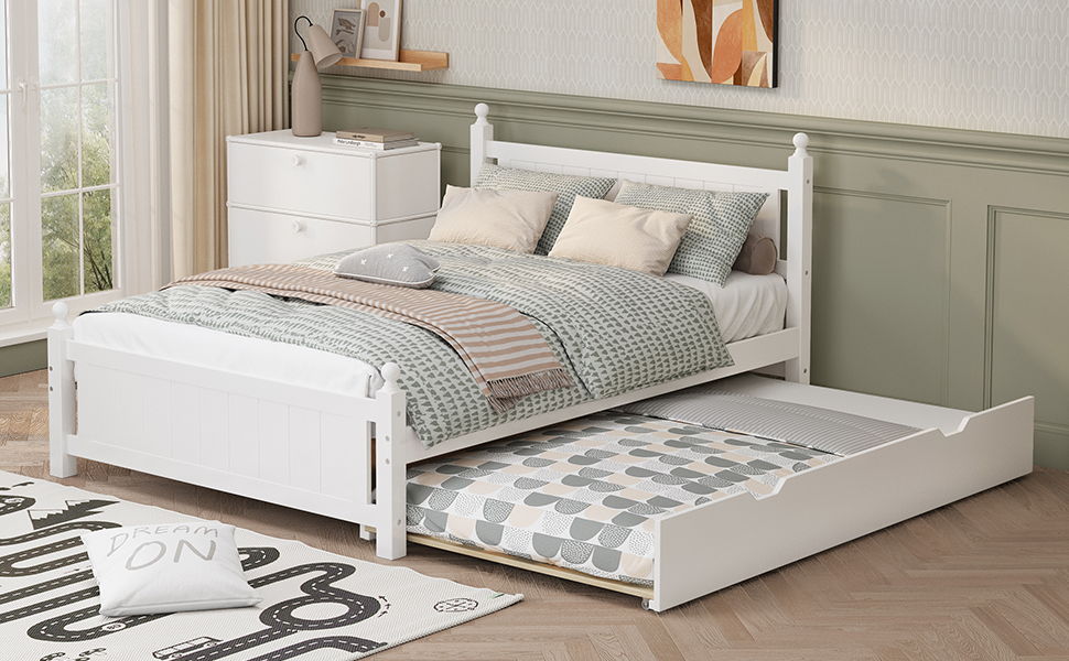 Full Size Solid Wood Platform Bed Frame With Trundle For Limited Kids, Teens, Adults, No Need Box Spring, White