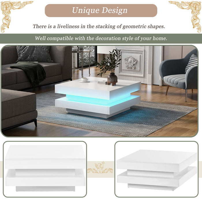 On-Trend High Gloss Minimalist Design With Plug - In 16 - Color LED Lights, 2-Tier Square Coffee Table, Center Table For Living Room, 31.5''X31.5''X14.2'', White