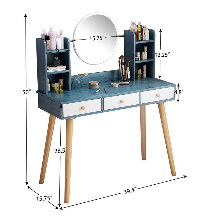 Fashion Vanity Desk With Mirror And Lights For Makeup Vanity Mirror With Lights With 3 Color Lighting Brightness Adjustable, 3 Drawers, Blue Color