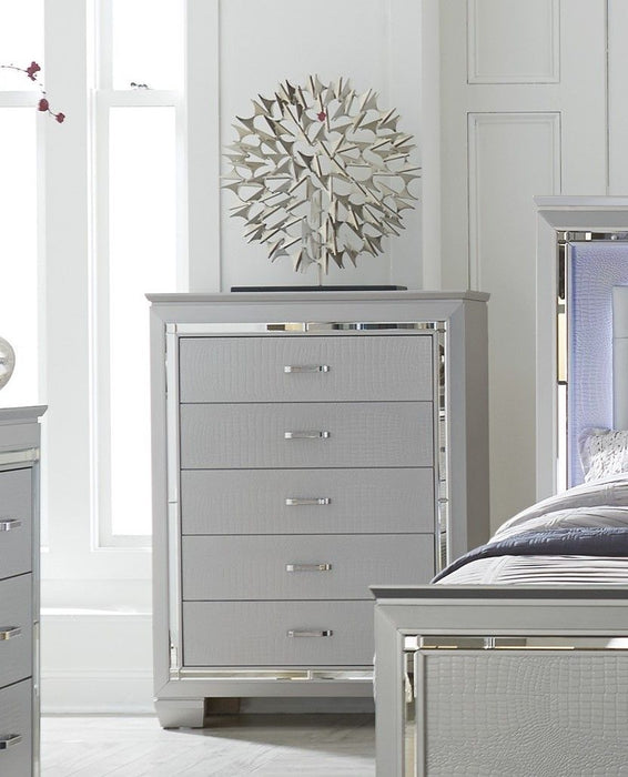Glamourous Silver Finish 1 Piece Chest Of 5 Dovetail Drawers Faux Alligator Embossed Fronts Bedroom Furniture