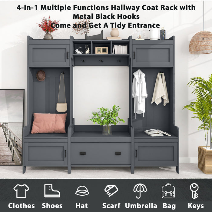 On-Trend Modern Style 4-In-1 Multiple Functions Hallway Coat Rack With Seven Metal Black Hooks, Entryway Bench Hall Tree With Ample Storage Drawer, Gray