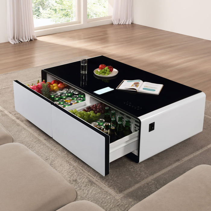 Modern Smart Coffee Table With Built - In Fridge, Bluetooth Speaker, Wireless Charging Module, Touch Control Panel, Power Socket, USB Interface, Outlet Protection, Atmosphere Light, White