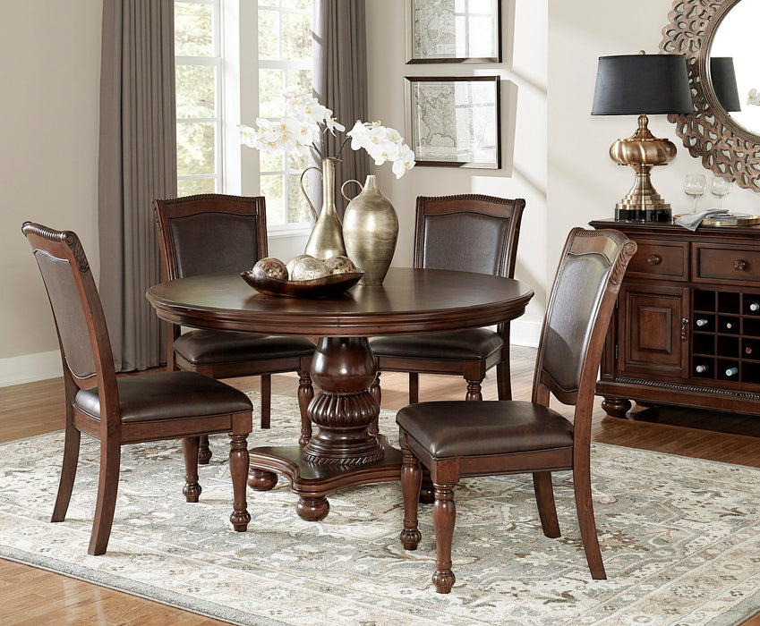 Elegant Design 5 Pieces Dining Set Brown Cherry Finish Pedestal Base Table And 4 Side Chairs Faux Leather Upholstered Traditional Dining Room Furniture