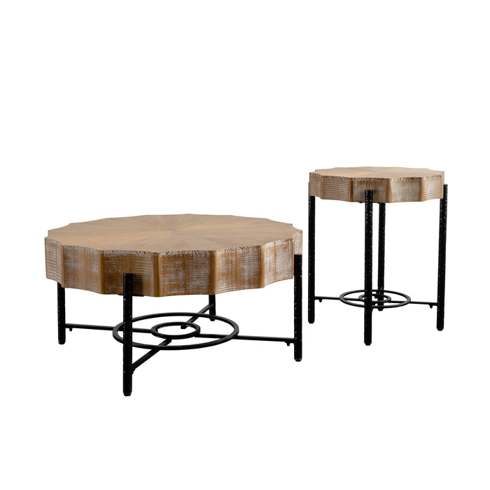 Vintage Splicing Lace Shaped Coffee Table With Fir Wood Table Top And Concave Metal Cross Legs (Set of 2)