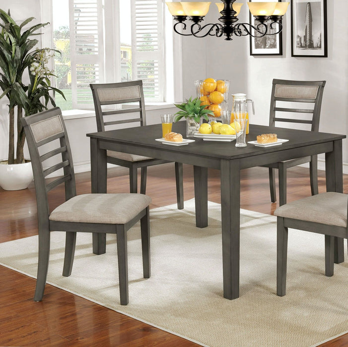 5 Pc Dining Table Set Weathered Gray Dining Chairs & Table Solid Wood Beige Padded Fabric Cushions Slat Back Chair Dining Room Furniture